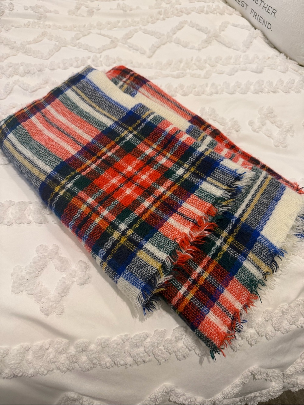 Old Navy Plaid Fringe Throw in Red, Blue, Green & Cream